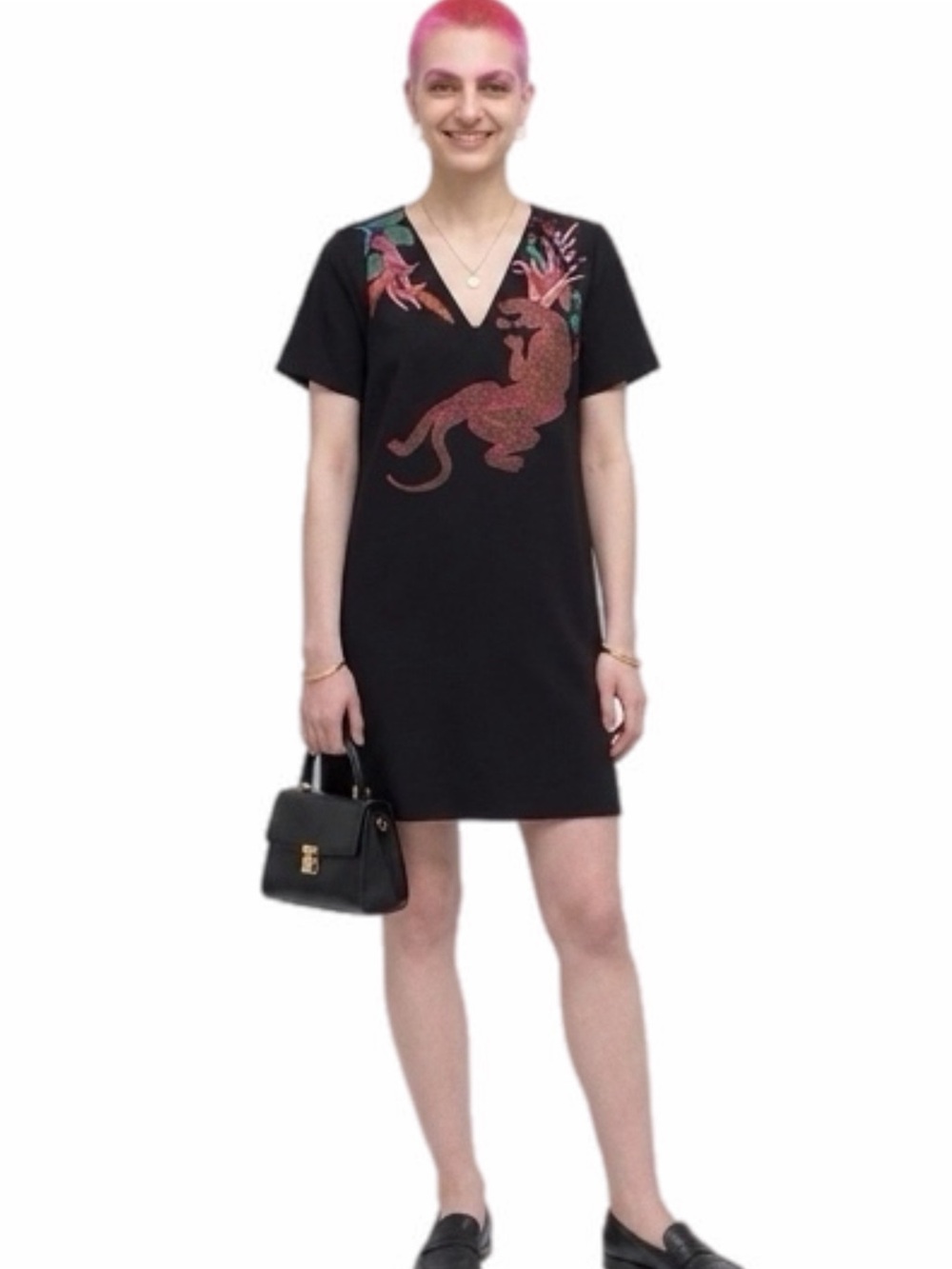 Zara Black mini shift dress with embroidered panther & V-neck. Medium NEW W/TAGS